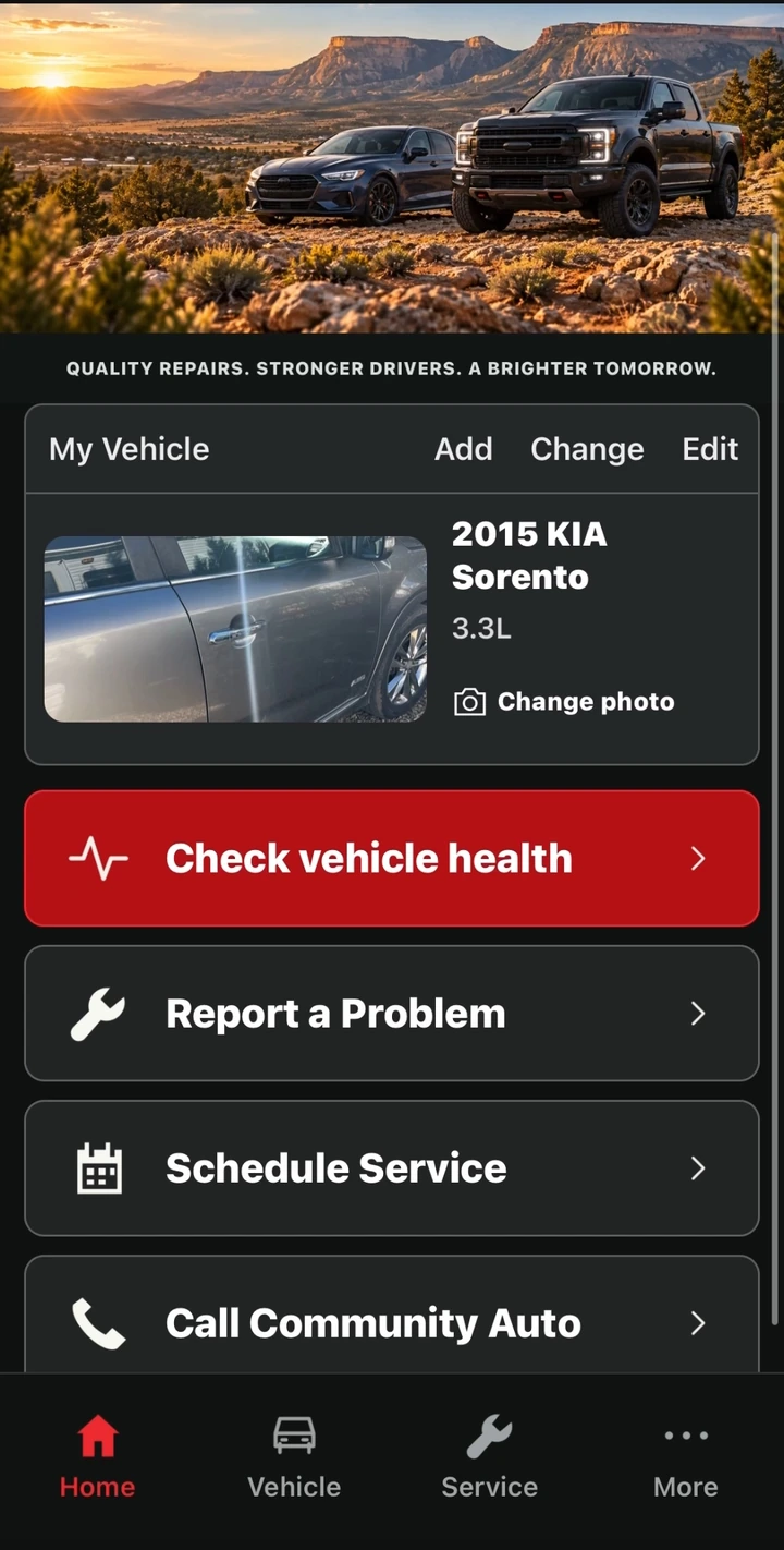 Community Auto app Home screen with My Vehicle, Check vehicle health, Report a Problem, Schedule Service and Call Community Auto