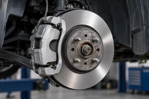 Close-up of a vehicle brake rotor and caliper