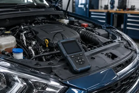 Diagnostic scanner beside a vehicle engine bay