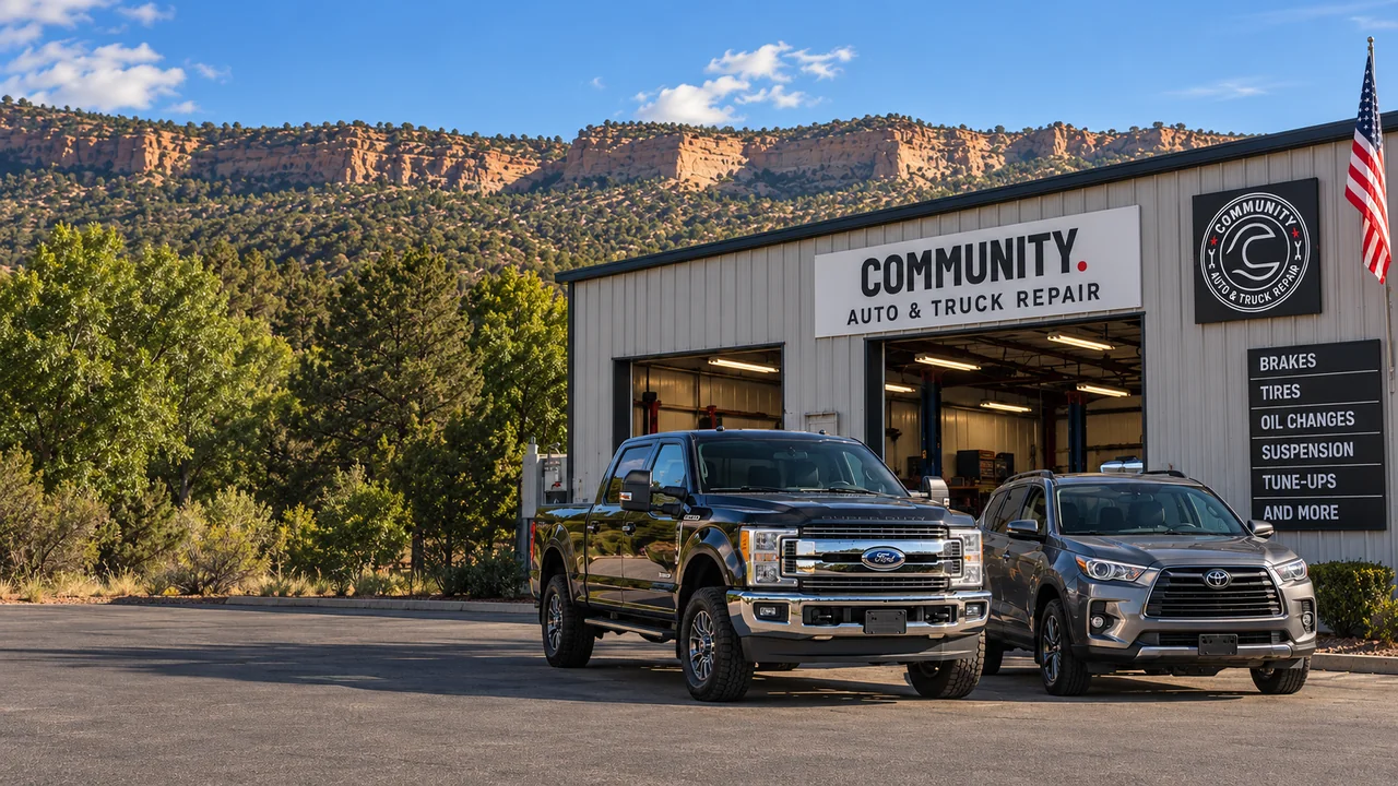 Recreated illustration of the Community Auto shop with a pickup and SUV against Cortez mesas