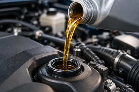 Fresh engine oil being poured into an engine