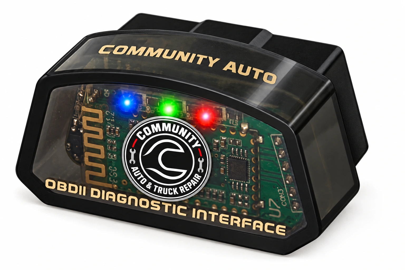 Community Auto branded translucent vehicle adapter with blue, green and red indicator lights