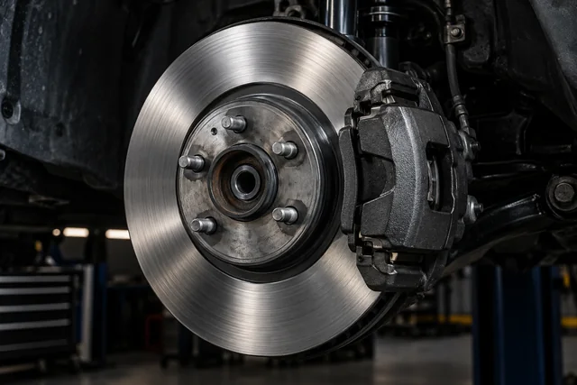 Close-up of a vehicle brake rotor and caliper