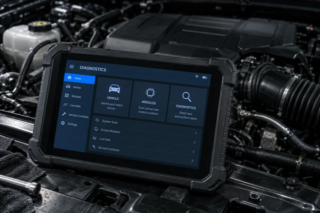 Diagnostic scanner beside a vehicle engine bay
