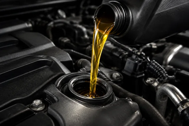 Fresh engine oil being poured into an engine
