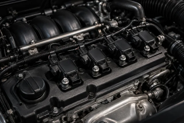 Close-up of engine ignition components for tune-ups and performance