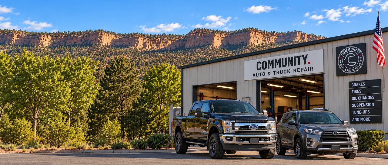 Recreated Community Auto shop scene with a pickup, SUV and Cortez mesas