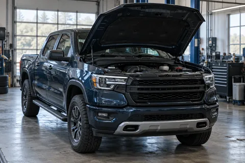 Pickup truck with its hood open in a workshop