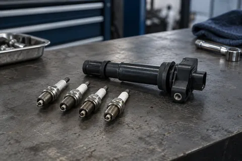 Spark plugs and ignition coil on a workbench