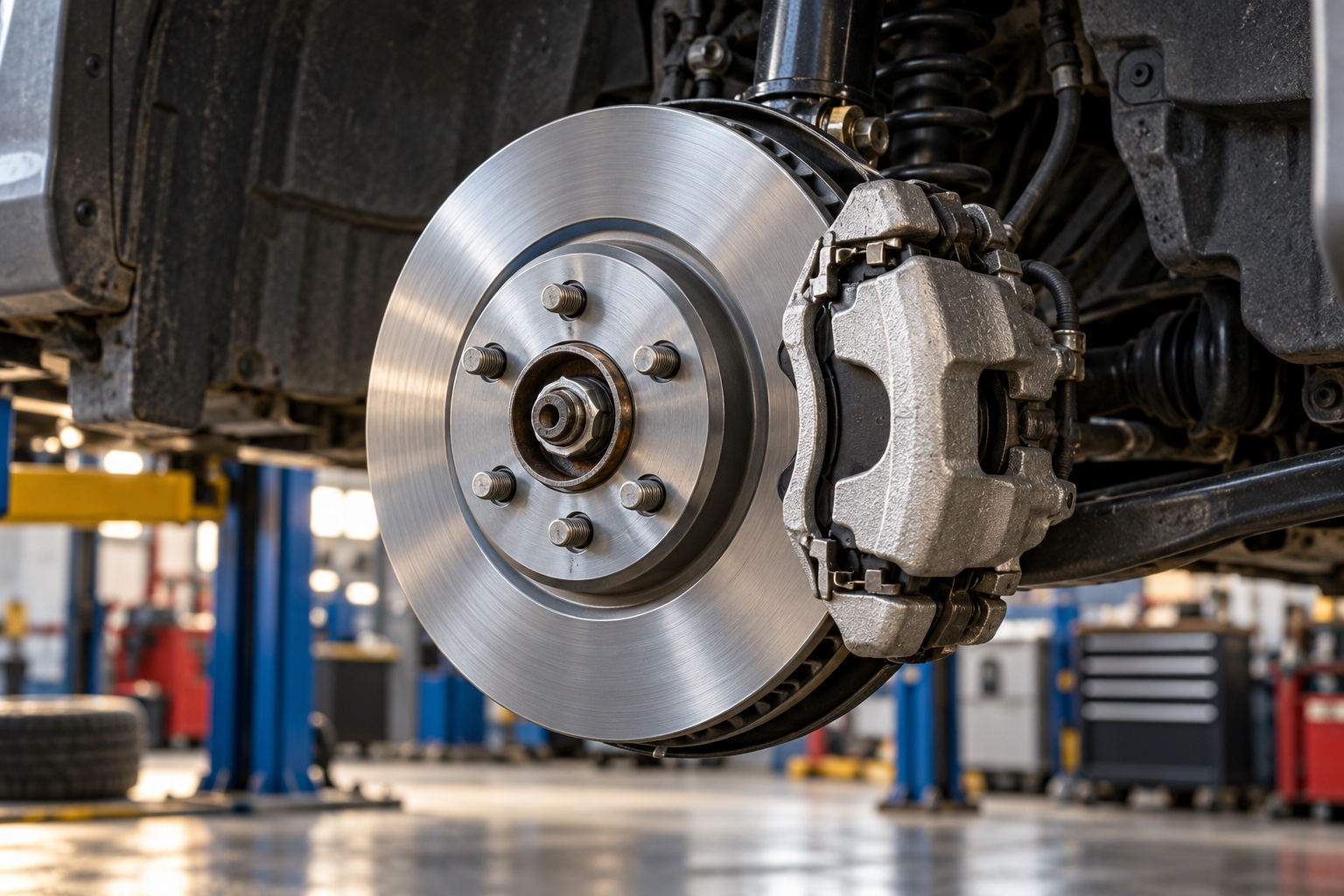 AI illustration of a brake rotor and caliper in an auto repair bay