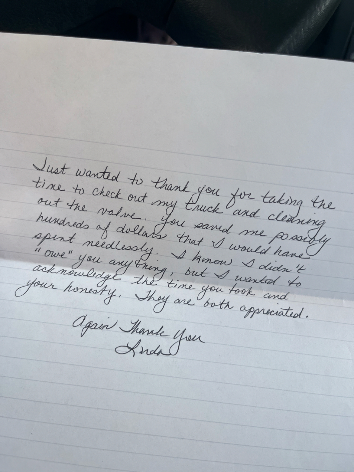 Original handwritten thank-you note signed Linda, thanking the shop for its time and honesty