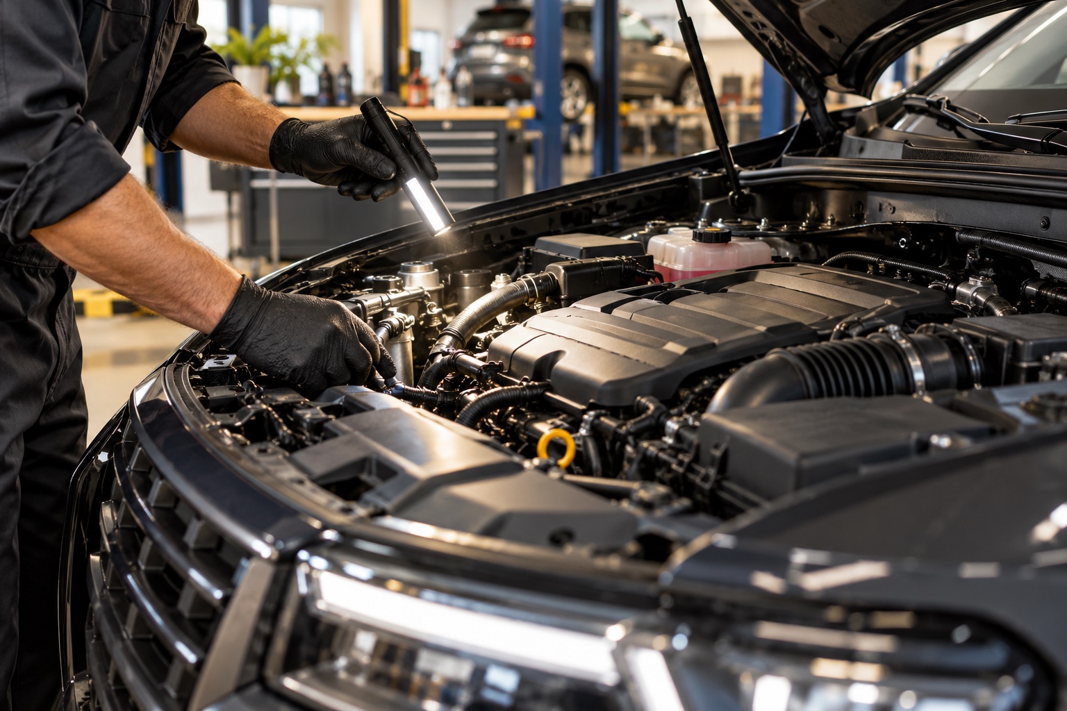 AI illustration of an under-hood inspection by a technician