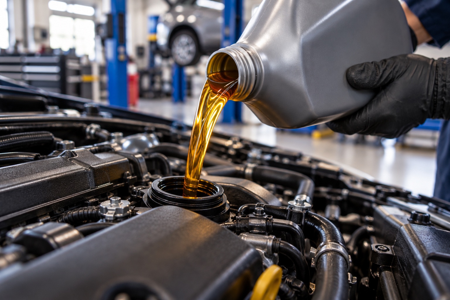 AI illustration of fresh engine oil being poured during an oil change