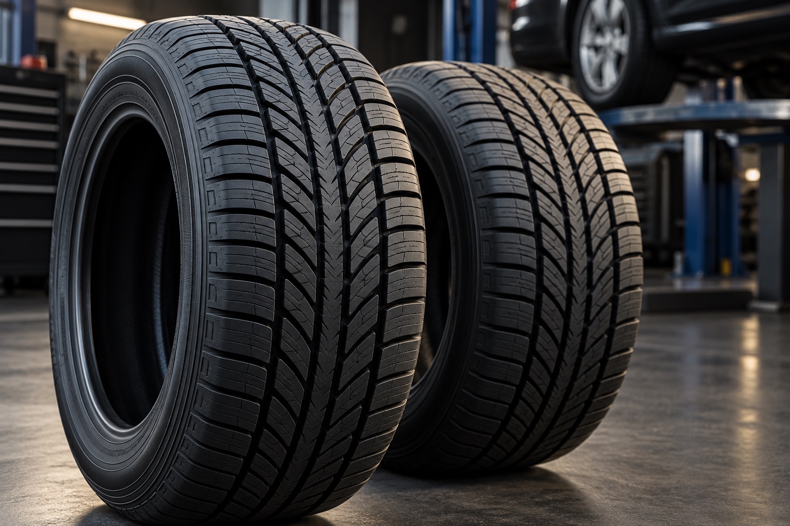 AI illustration of new all-season tires in a service bay