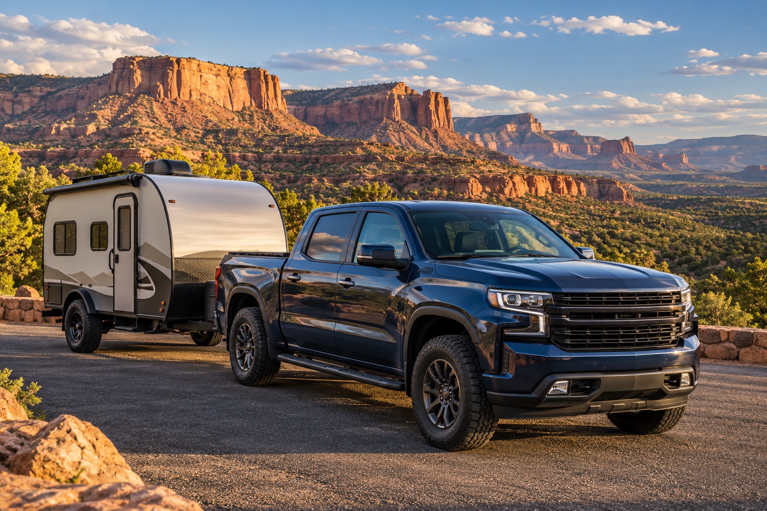 AI illustration of a pickup and travel trailer near Colorado red-rock mesas