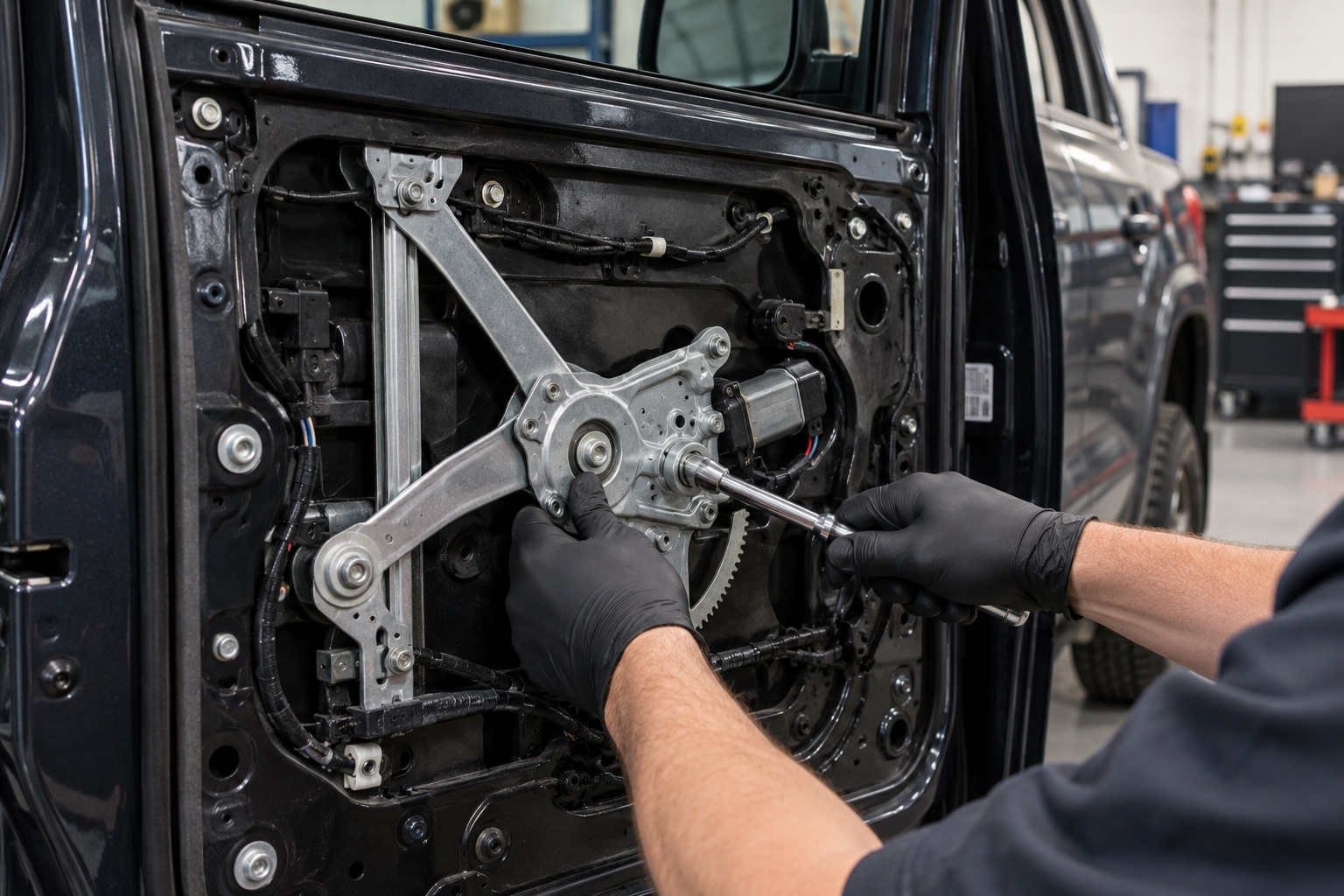 AI illustration of a technician working on a pickup's window regulator